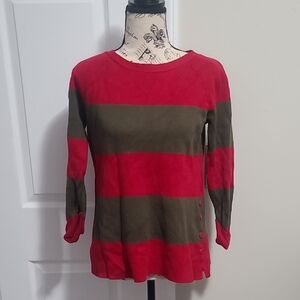 Talbots 3/4 Sleeve Top Sweater Split Hem Red, Green Stripe XS Freddy Krueger